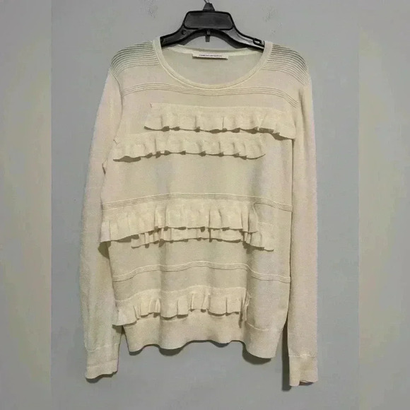 Diane Von Furstenberg Benni Sweater Merino Wool Blend Ruffles Cream Size Large - Picture 5 of 6
